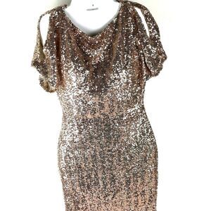 Prom Cocktail Dress Blush Sequin Cold shoulder peekaboo back Josh & Jazz Sz 3/4
